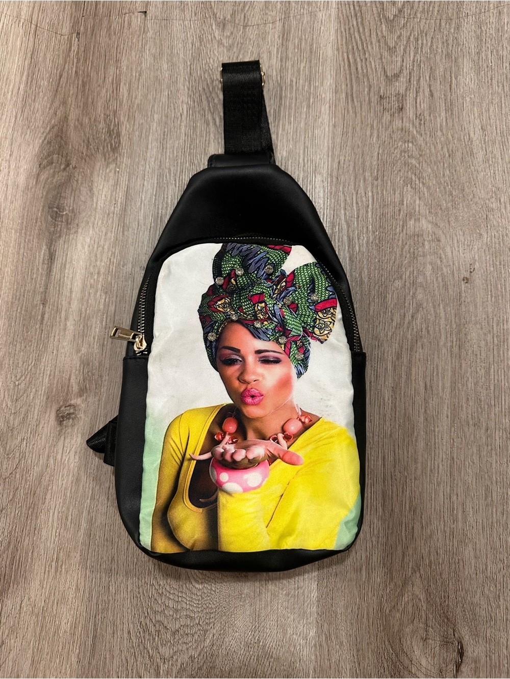Black Crossbody Sling Bag with Colorful Portrait Panel